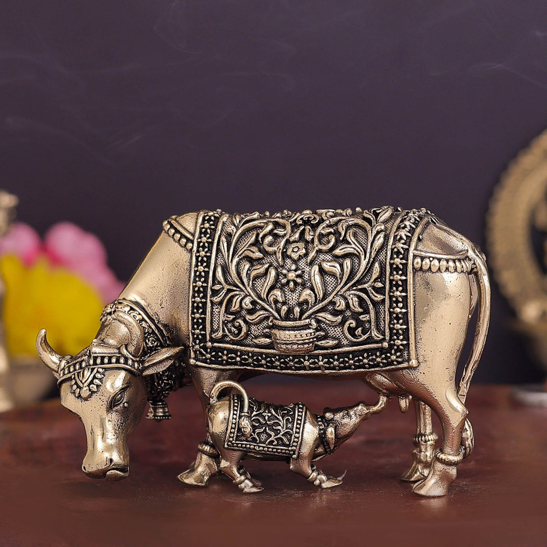 Brass Superfine Cow and Calf Statue 3.5 Inch