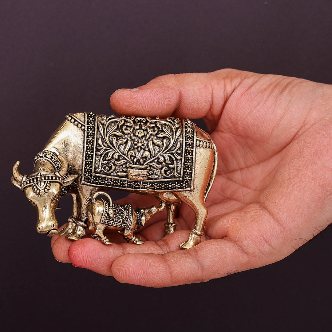 Brass Superfine Cow and Calf Statue 3.5 Inch