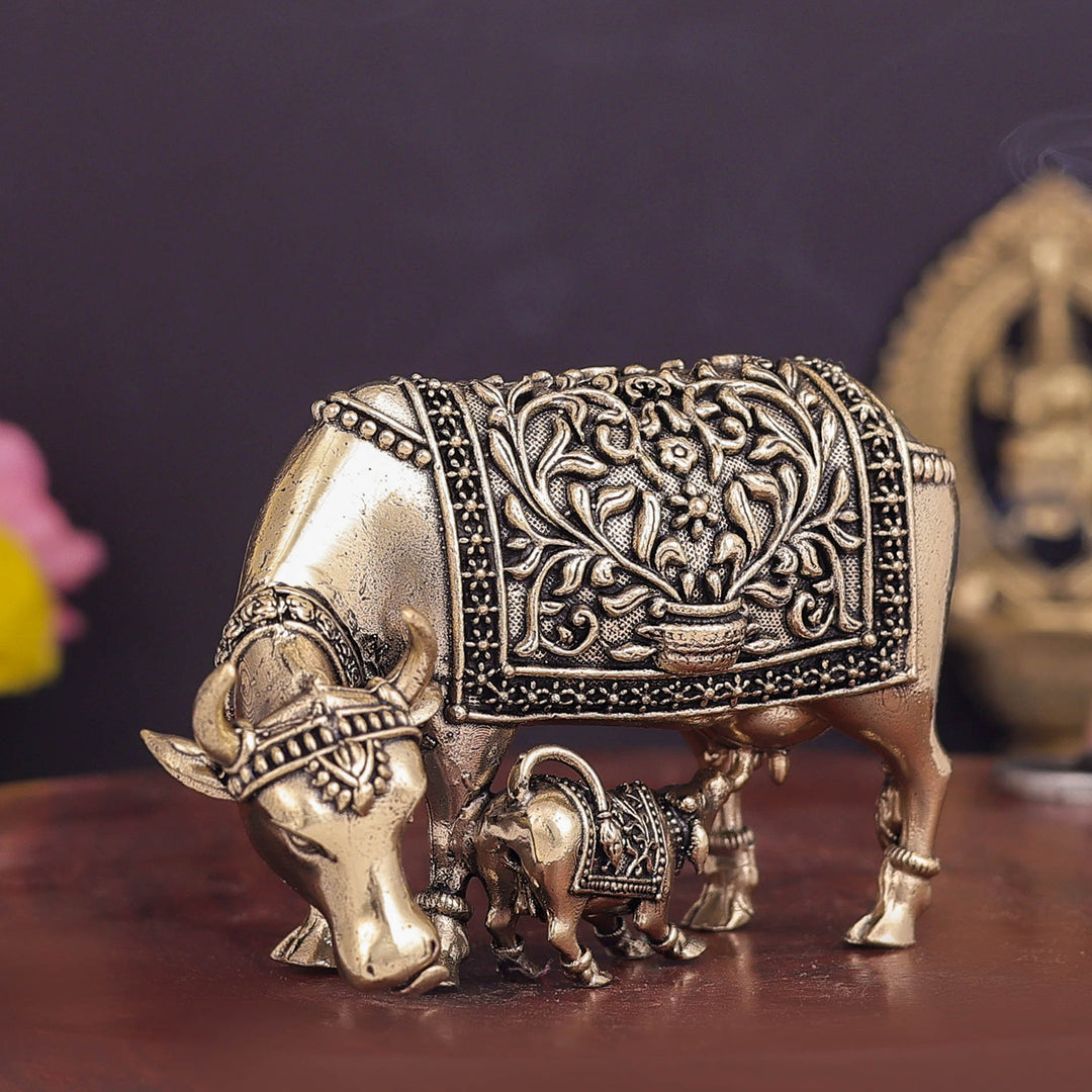 Brass Superfine Cow and Calf Statue 3.5 Inch