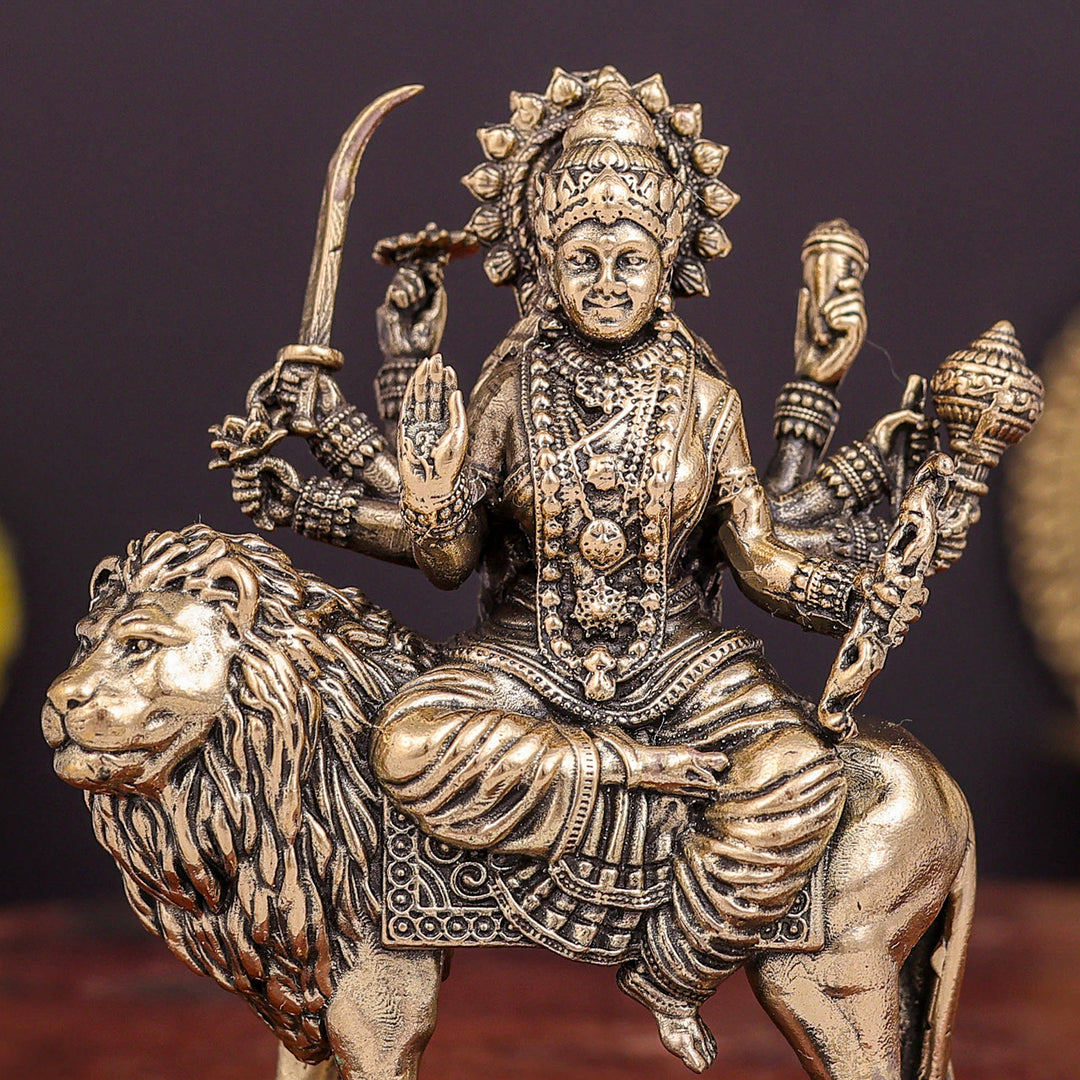 Brass Superfine Goddeess Durga Idol on Lion 3 Inch