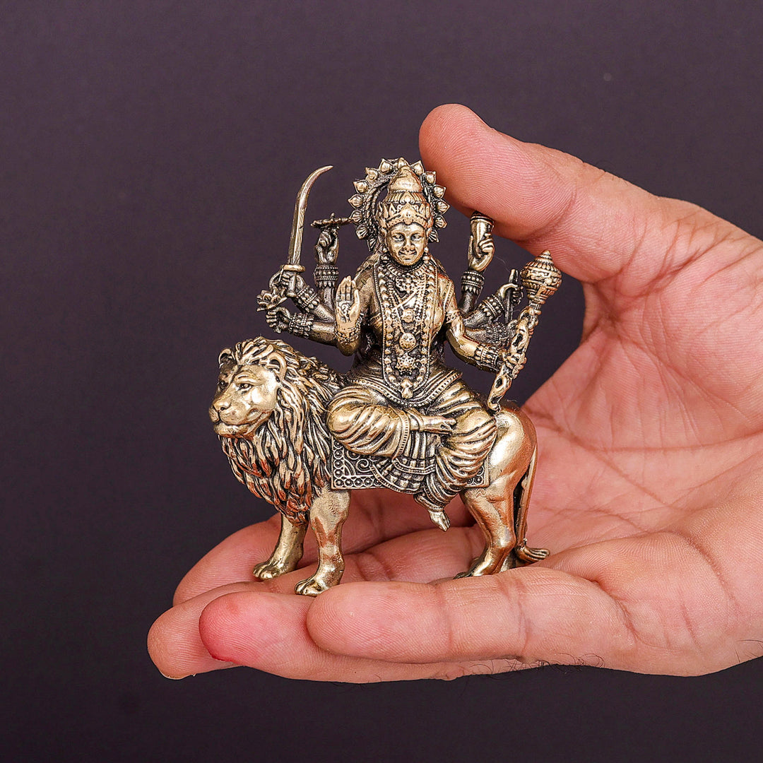 Brass Superfine Goddeess Durga Idol on Lion 3 Inch
