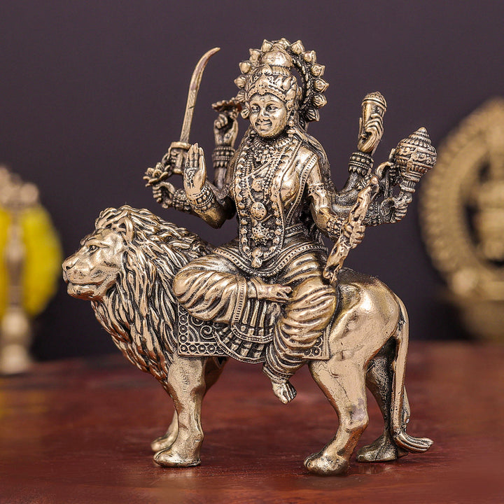 Brass Superfine Goddeess Durga Idol on Lion 3 Inch