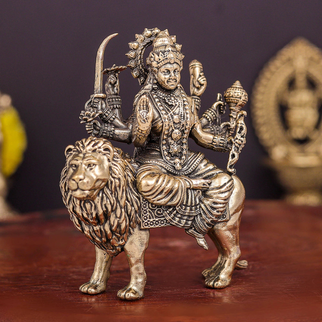Brass Superfine Goddeess Durga Idol on Lion 3 Inch