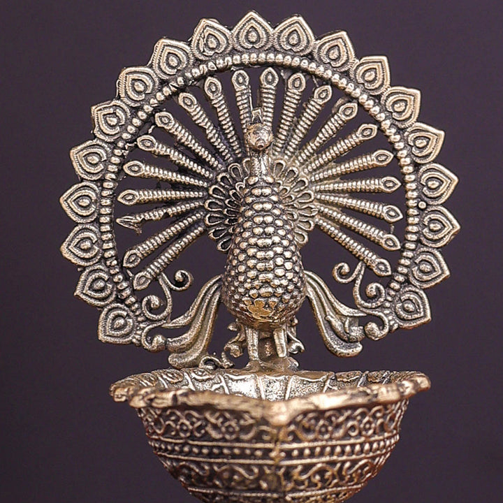 Brass Superfine Designer Peacock Diya Lamp on Tortoise 3.5 Inch