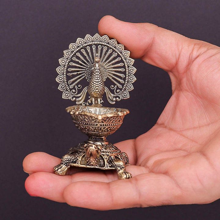 Brass Superfine Designer Peacock Diya Lamp on Tortoise 3.5 Inch