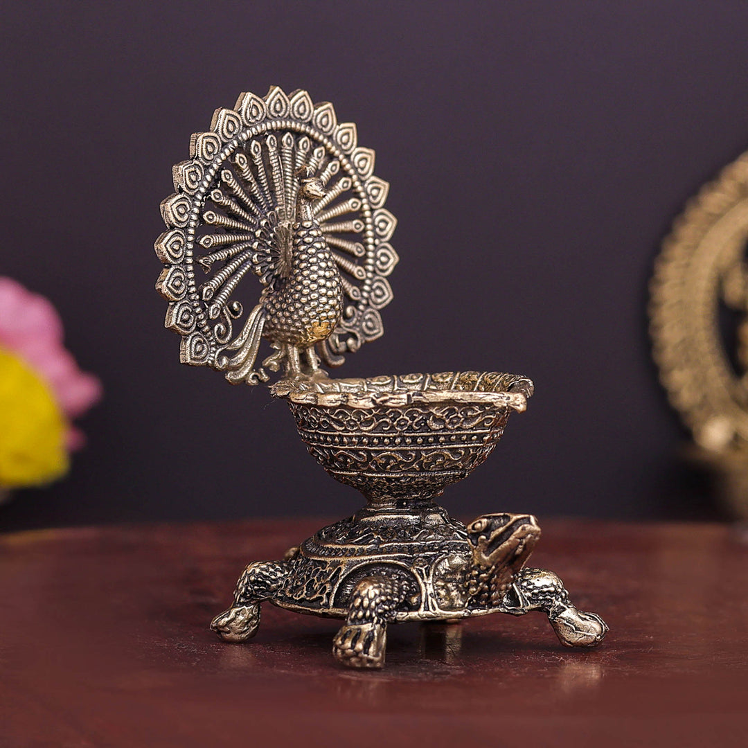 Brass Superfine Designer Peacock Diya Lamp on Tortoise 3.5 Inch