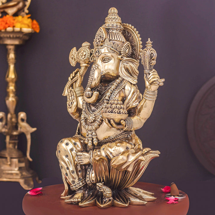 Brass Superfine Lord Ganesha Seated On Lotus 10 Inch