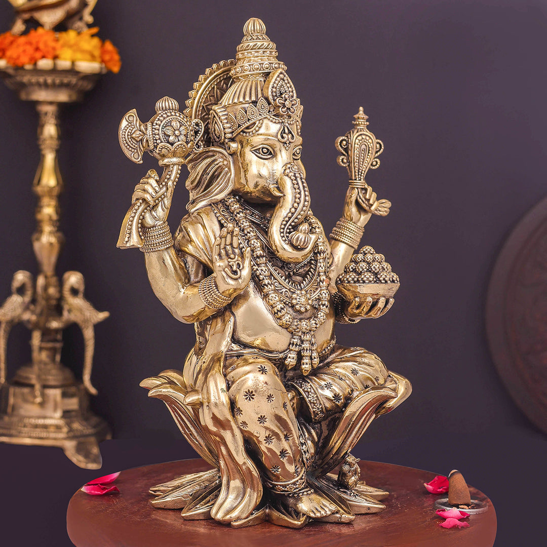 Brass Superfine Lord Ganesha Seated On Lotus 10 Inch