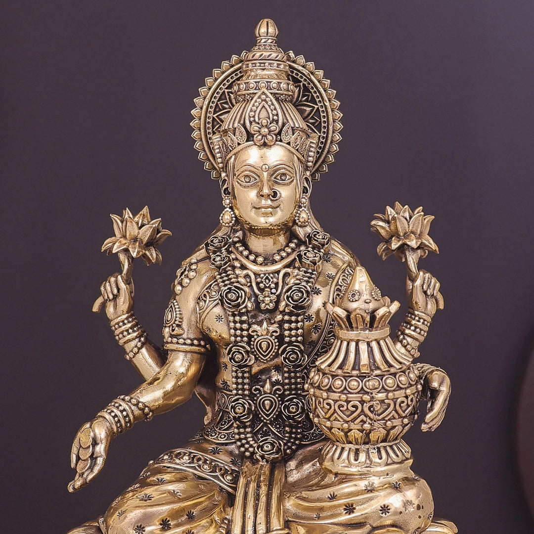 Brass Superfine Goddess Lakshmi Idol Seated on Lotus 10 Inch