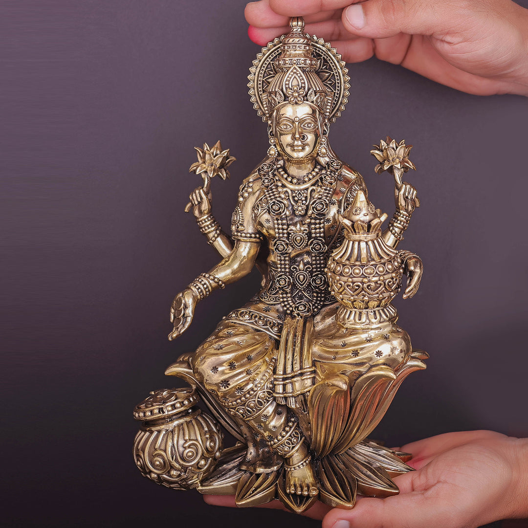Brass Superfine Goddess Lakshmi Idol Seated on Lotus 10 Inch
