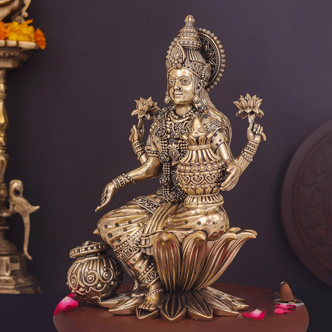 Brass Superfine Goddess Lakshmi Idol Seated on Lotus 10 Inch
