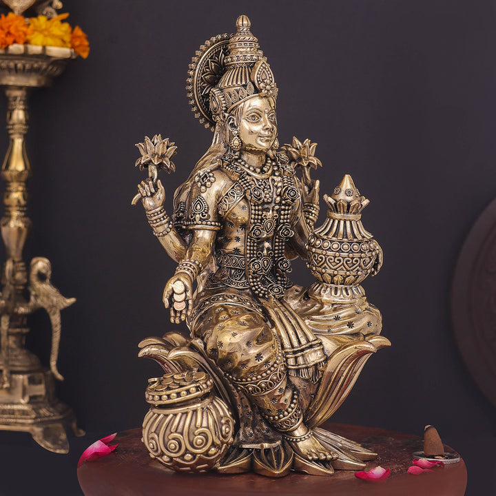 Brass Superfine Goddess Lakshmi Idol Seated on Lotus 10 Inch
