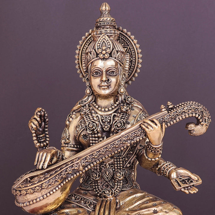 Brass Superfine Goddess Saraswati Idol Seated on Lotus 10 Inch