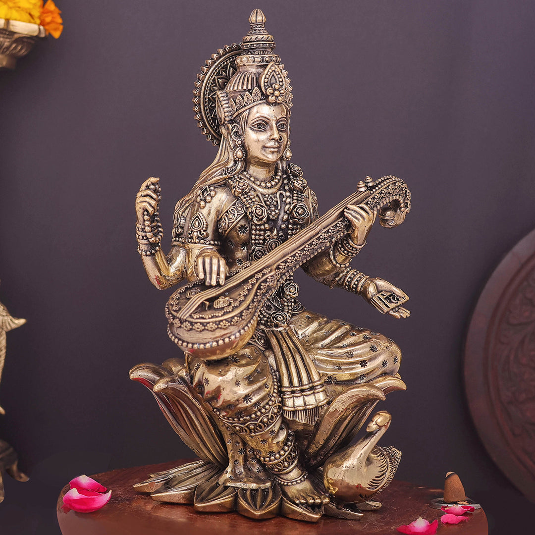 Brass Superfine Goddess Saraswati Idol Seated on Lotus 10 Inch