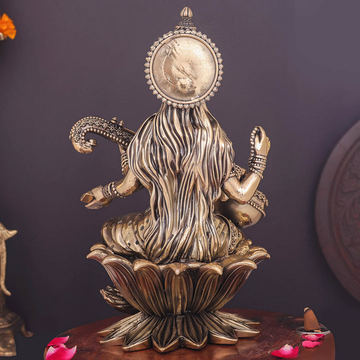 Brass Superfine Goddess Saraswati Idol Seated on Lotus 10 Inch