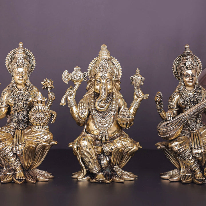Brass Superfine Ganesha Lakshmi Saraswati Idol Sitting On Lotus 10 Inch