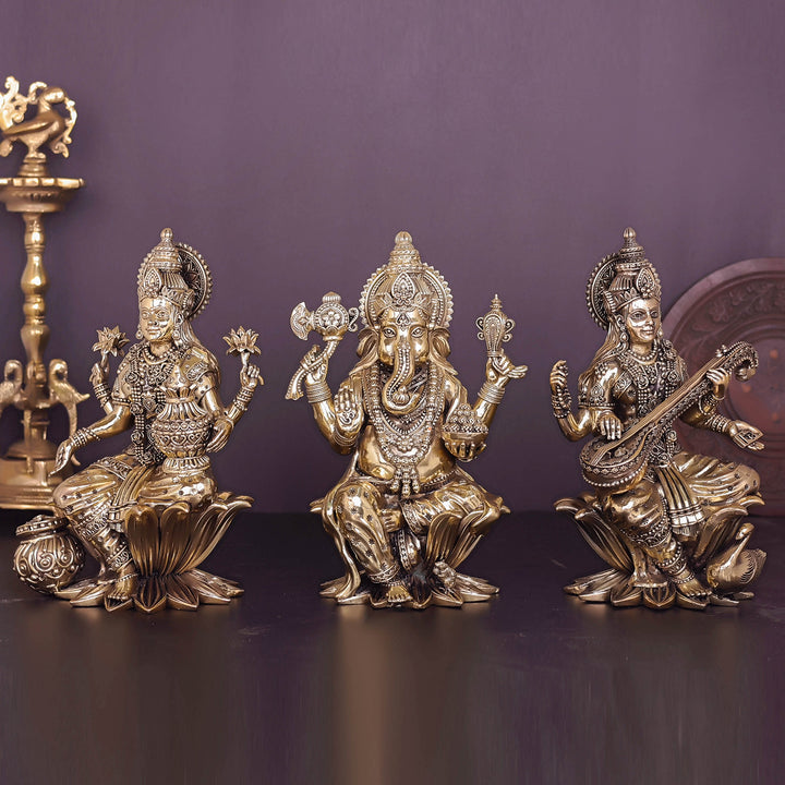 Brass Superfine Ganesha Lakshmi Saraswati Idol Sitting On Lotus 10 Inch