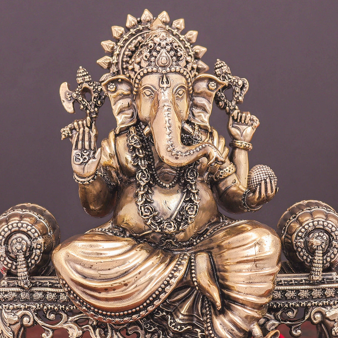 Brass Superfine Ganesha Idol Seated on Singhasan 6 Inch