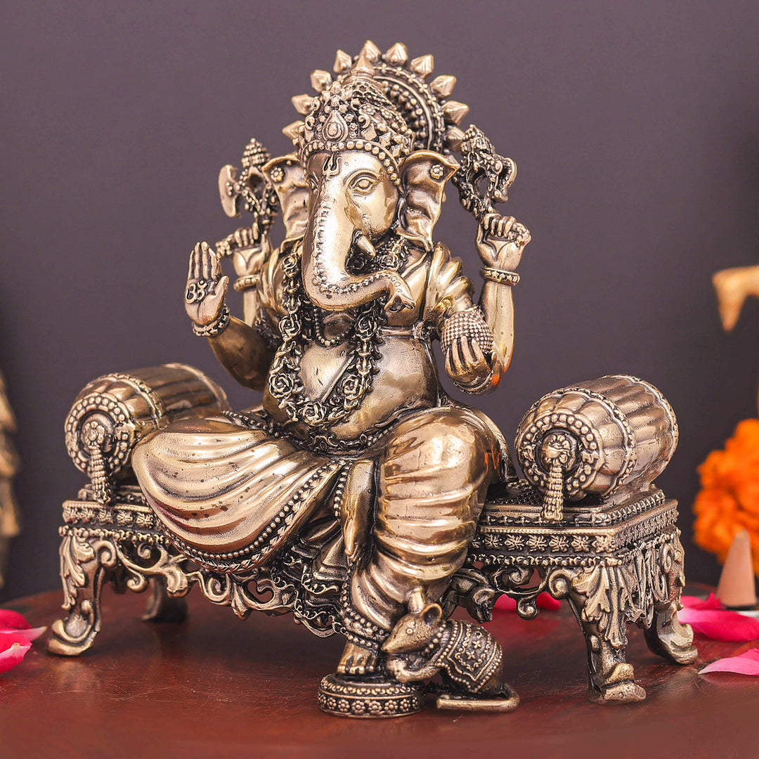 Brass Superfine Ganesha Idol Seated on Singhasan 6 Inch