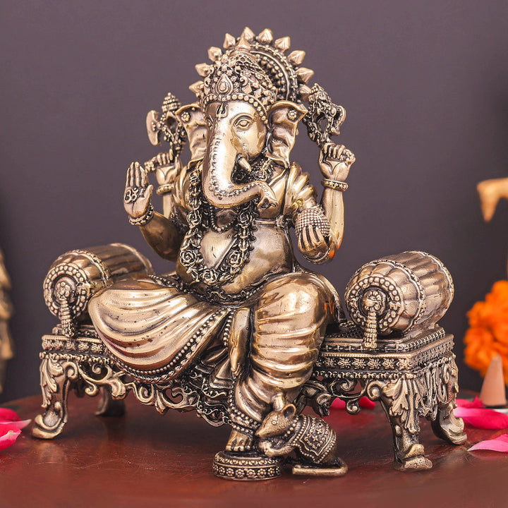 Brass Superfine Ganesha Idol Seated on Singhasan 6 Inch