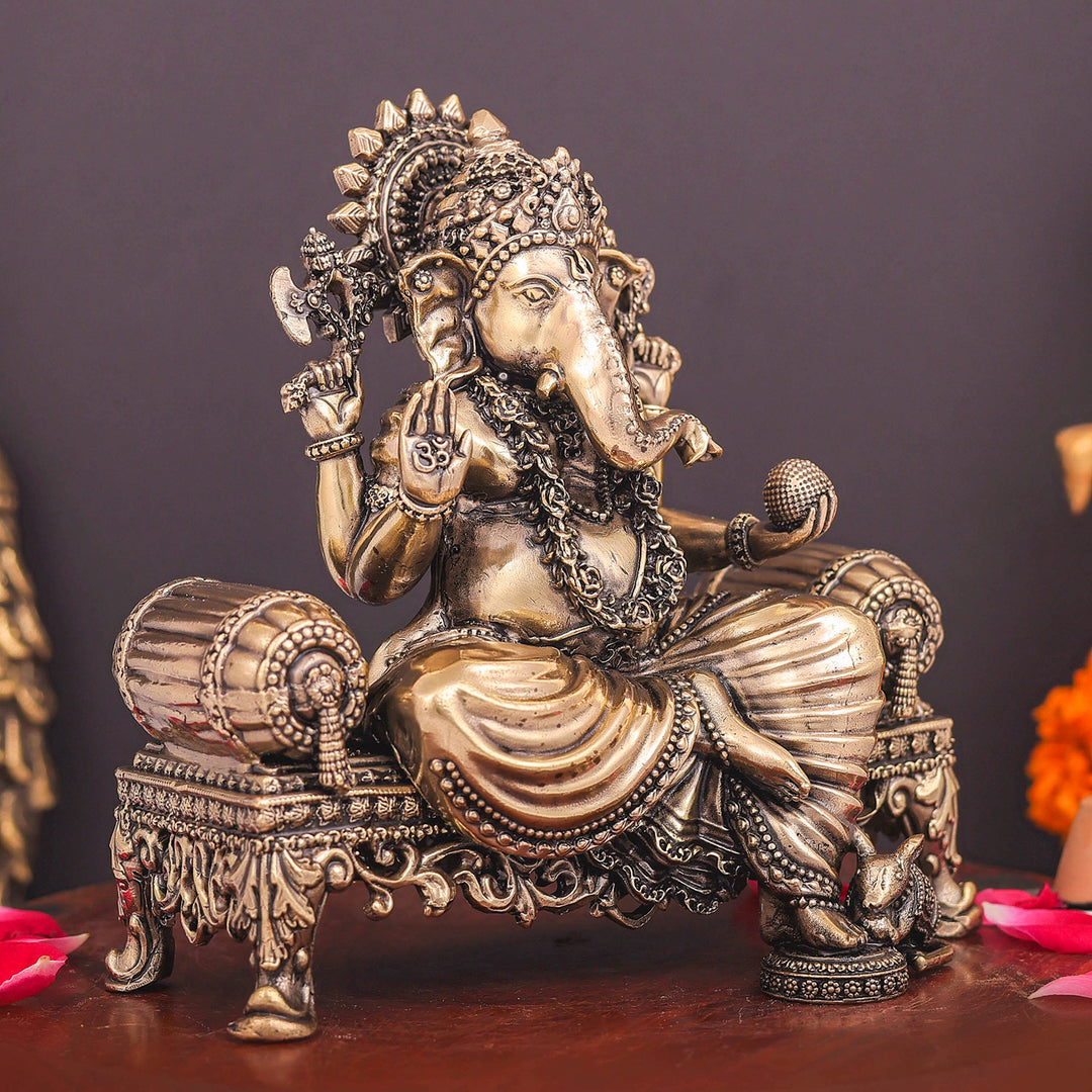Brass Superfine Ganesha Idol Seated on Singhasan 6 Inch