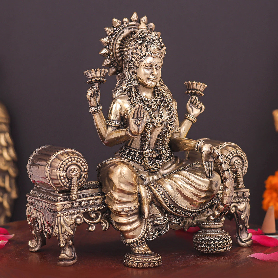Brass Superfine Goddess Lakshmi Idol Seated on Singhasan 6 Inch