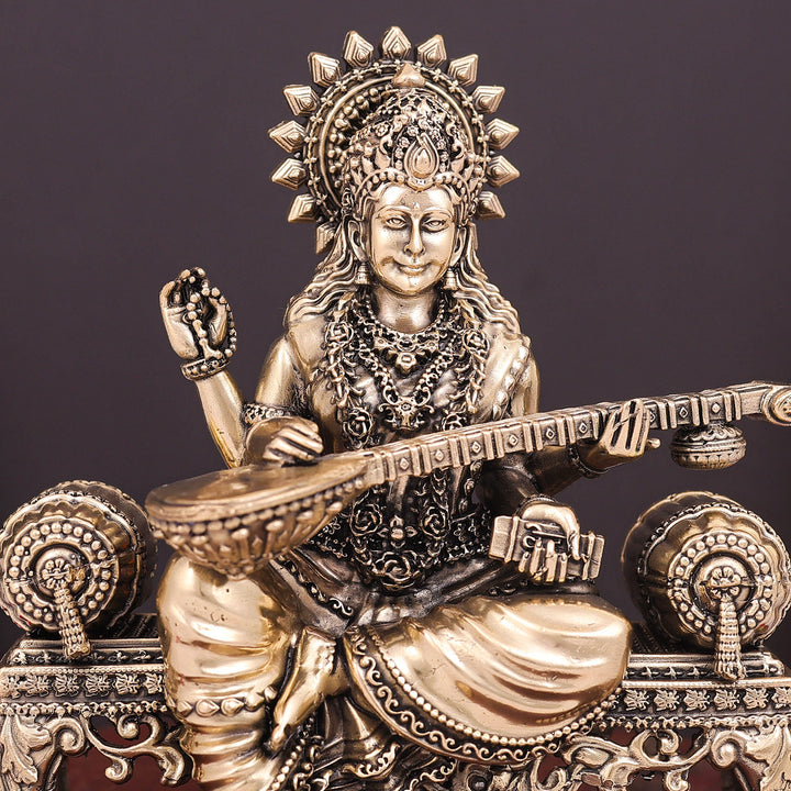 Brass Superfine Goddess Saraswati Idol Seated on Singhasan 6 Inch