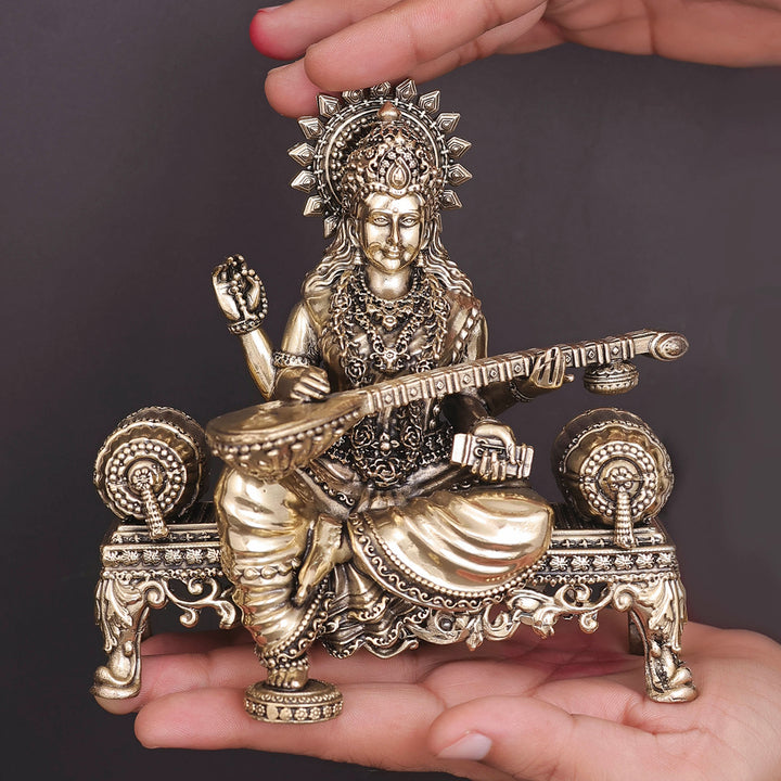Brass Superfine Goddess Saraswati Idol Seated on Singhasan 6 Inch
