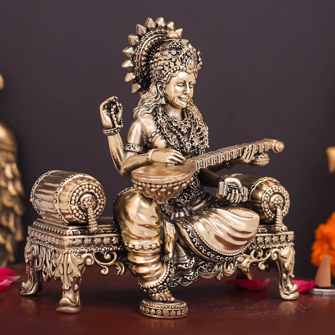 Brass Superfine Goddess Saraswati Idol Seated on Singhasan 6 Inch