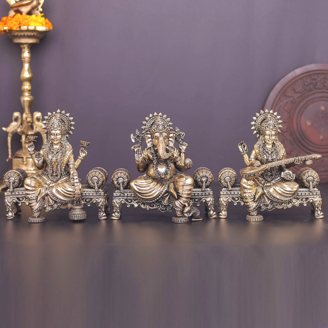 Brass Superfine Ganesha Lakshmi Saraswati Idol 6 Inch