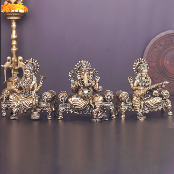 Brass Superfine Ganesha Lakshmi Saraswati Idol 6 Inch