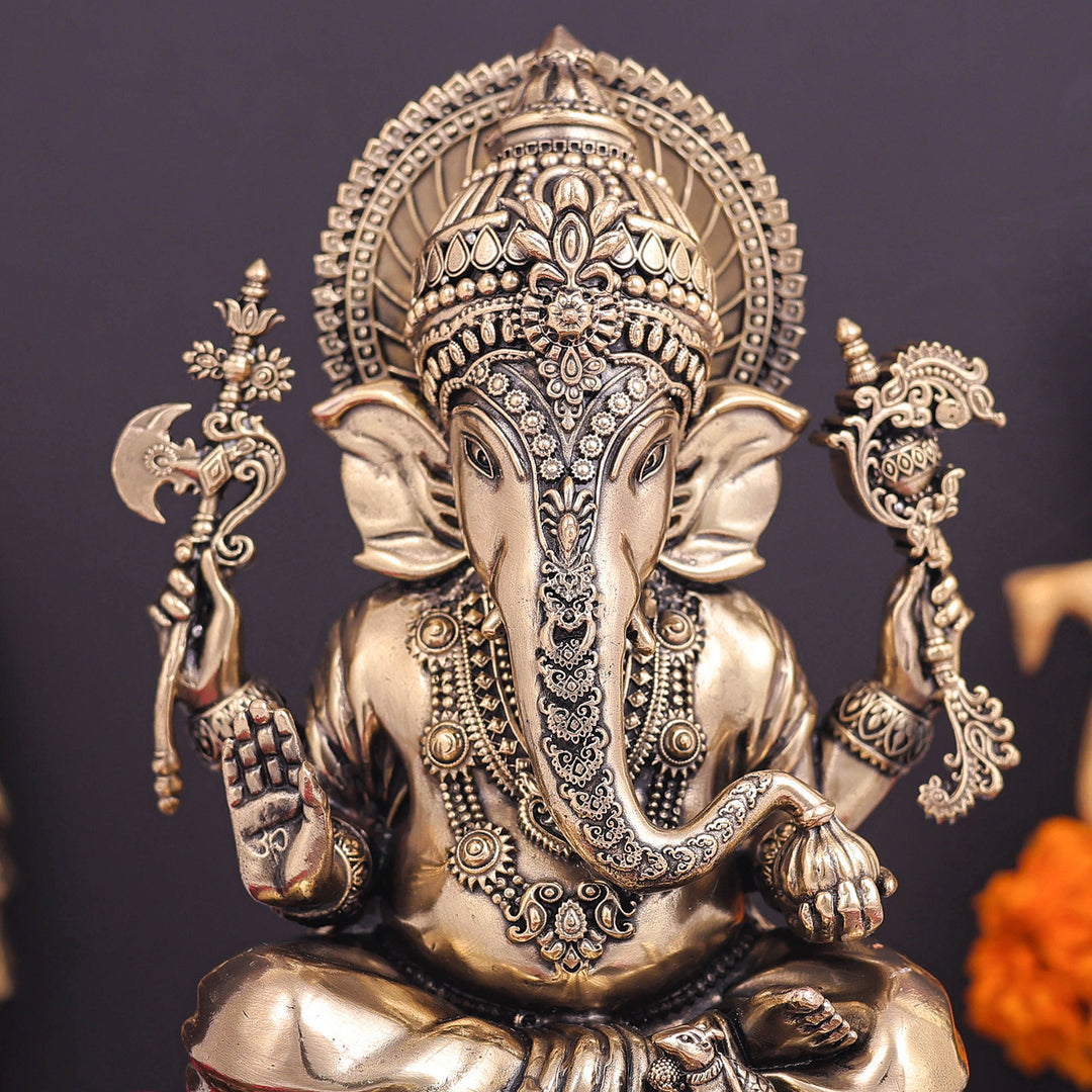 Brass Superfine Ganesha Idol Intricately Crafted 6.5 Inch