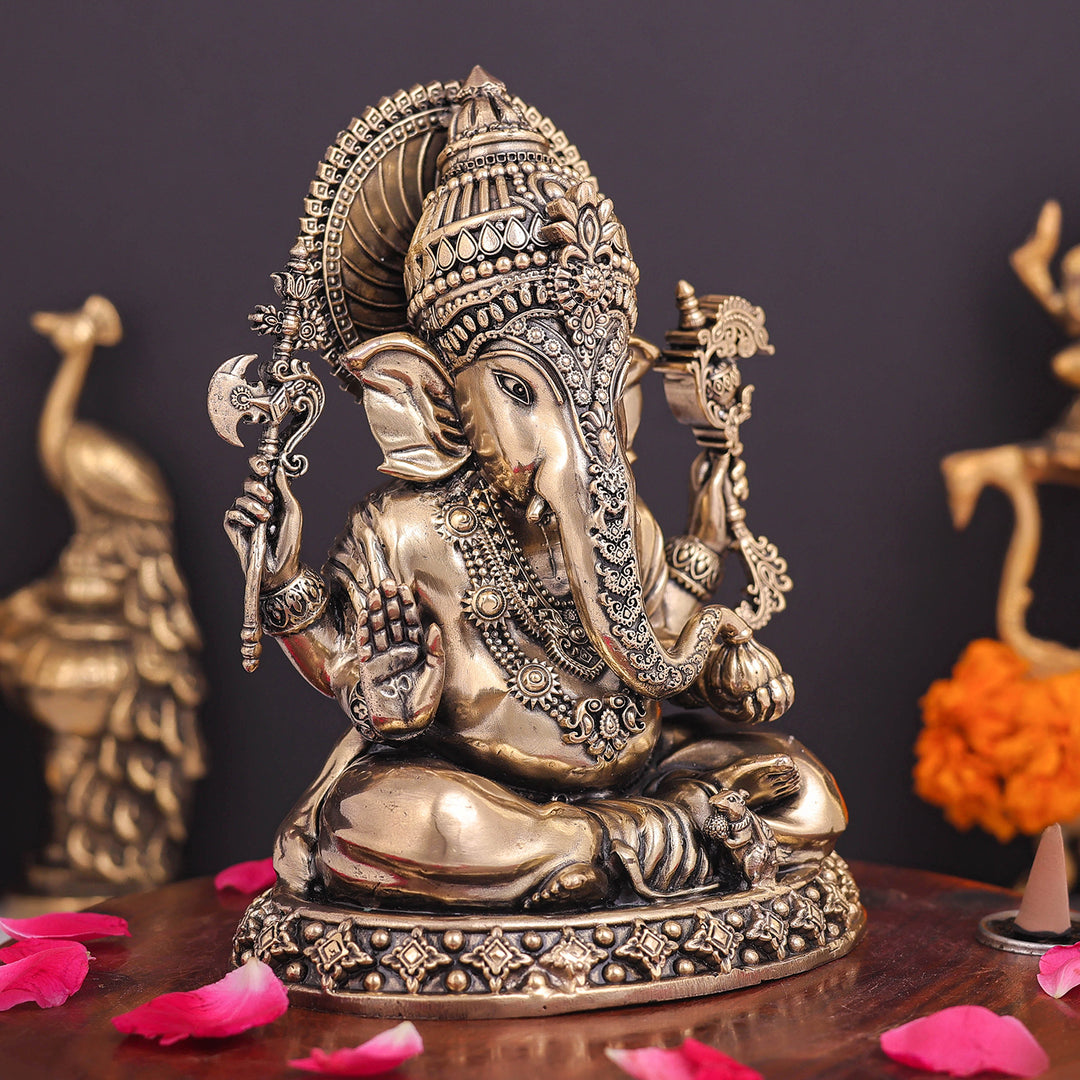 Brass Superfine Ganesha Idol Intricately Crafted 6.5 Inch