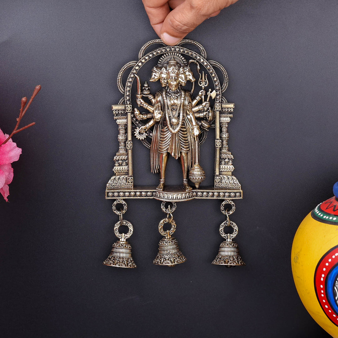 Brass Superfine Standing Panchamukhi Hanuman Wall Hanging with Bells 7 Inch