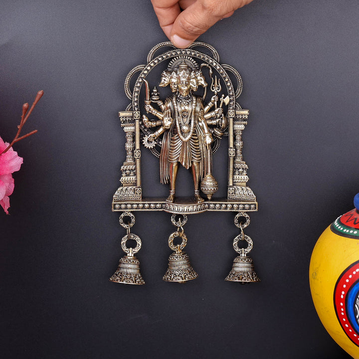 Brass Superfine Standing Panchamukhi Hanuman Wall Hanging with Bells 7 Inch