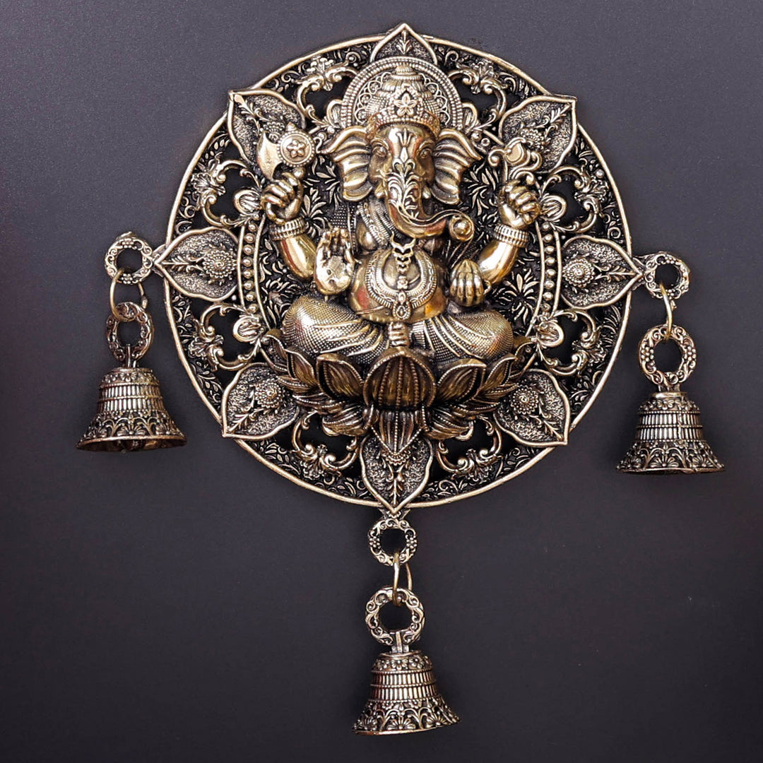 Brass Ganesha Wall Hanging with Bells 7''