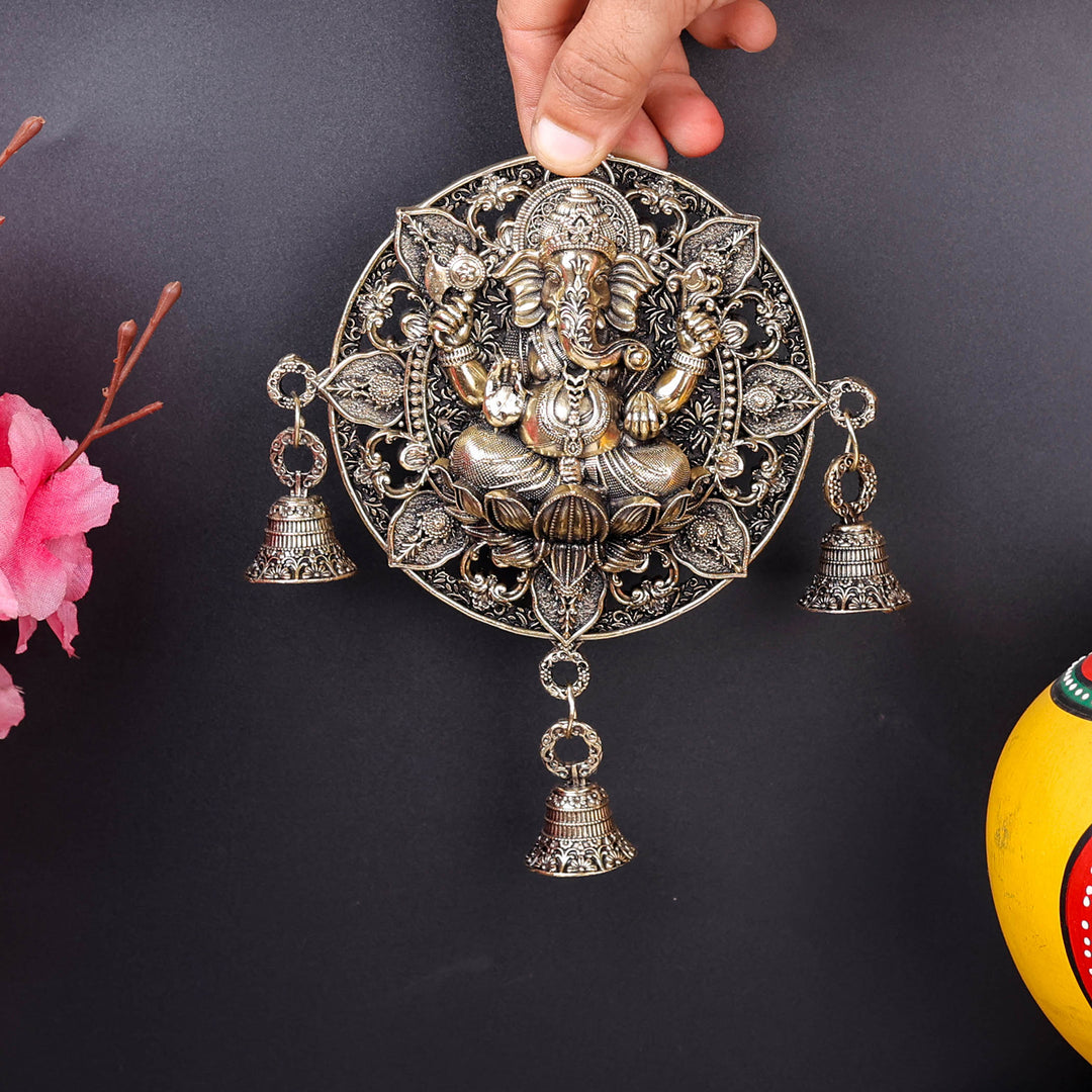 Brass Ganesha Wall Hanging with Bells 7''