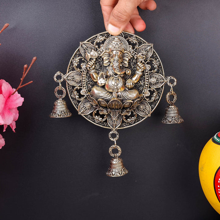 Brass Ganesha Wall Hanging with Bells 7''