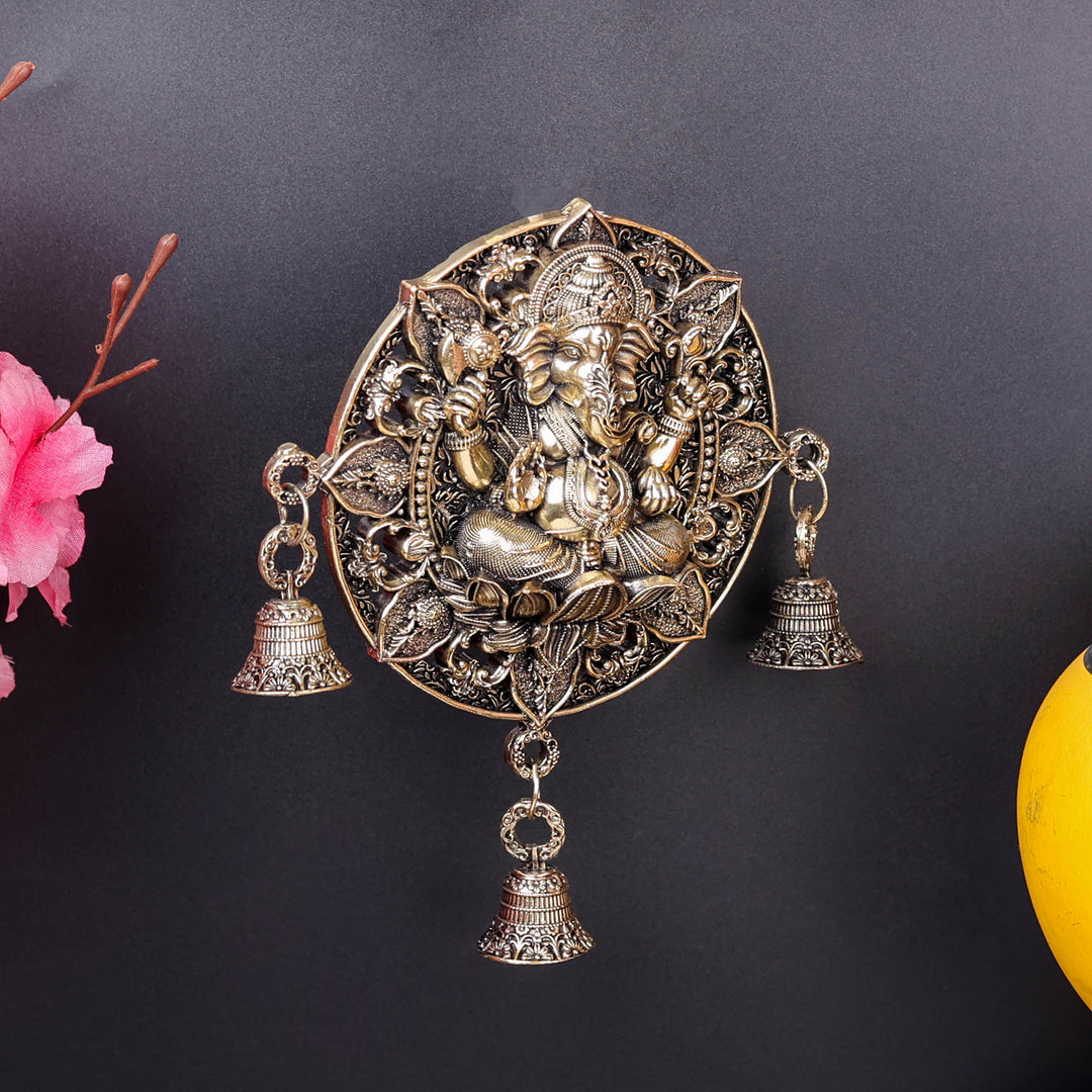 Brass Ganesha Wall Hanging with Bells 7''