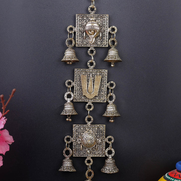 Brass Superfine Chakra Tilak and Conch With Bells Wall Hanging 13 Inch