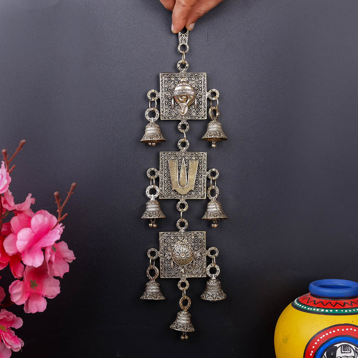 Brass Superfine Chakra Tilak and Conch With Bells Wall Hanging 13 Inch