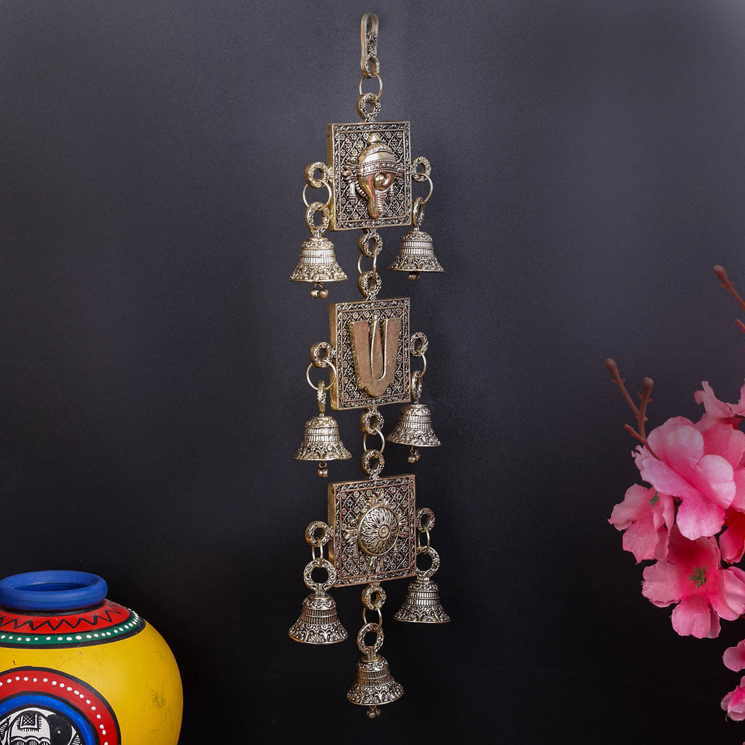 Brass Superfine Chakra Tilak and Conch With Bells Wall Hanging 13 Inch