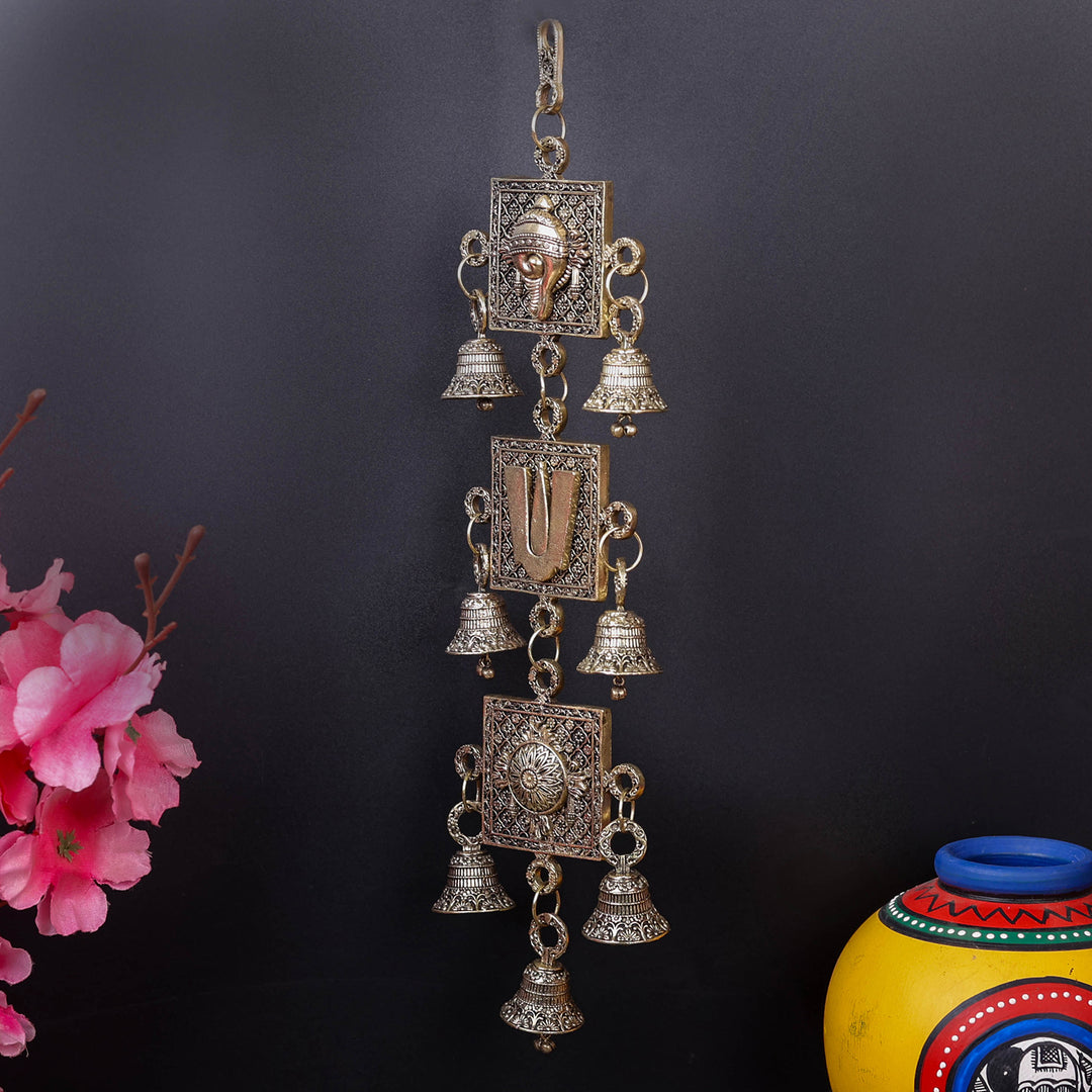 Brass Superfine Chakra Tilak and Conch With Bells Wall Hanging 13 Inch
