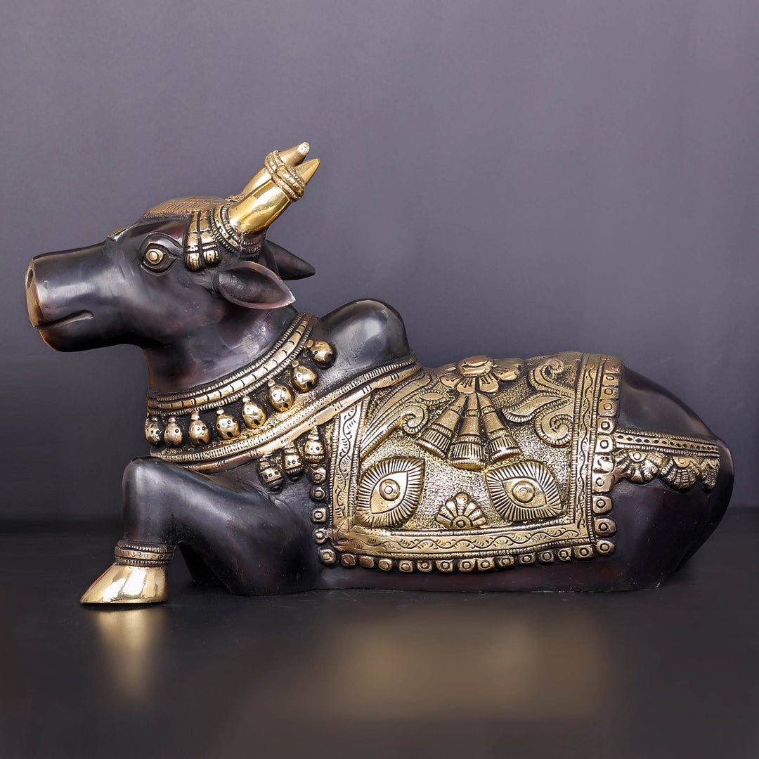 Brass Nandi Statue With Enhanced Carvings Black Patina Finish 15 Inch