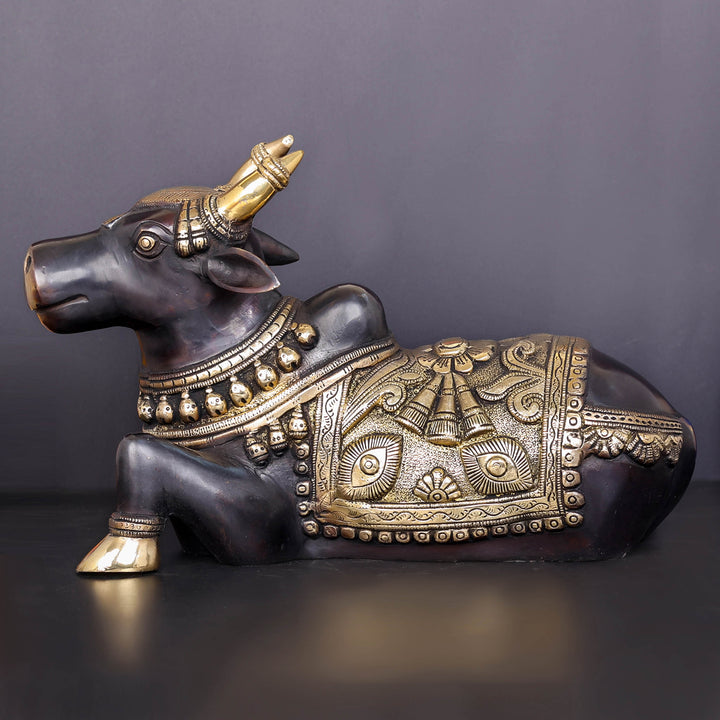 Brass Nandi Statue With Enhanced Carvings Black Patina Finish 15 Inch