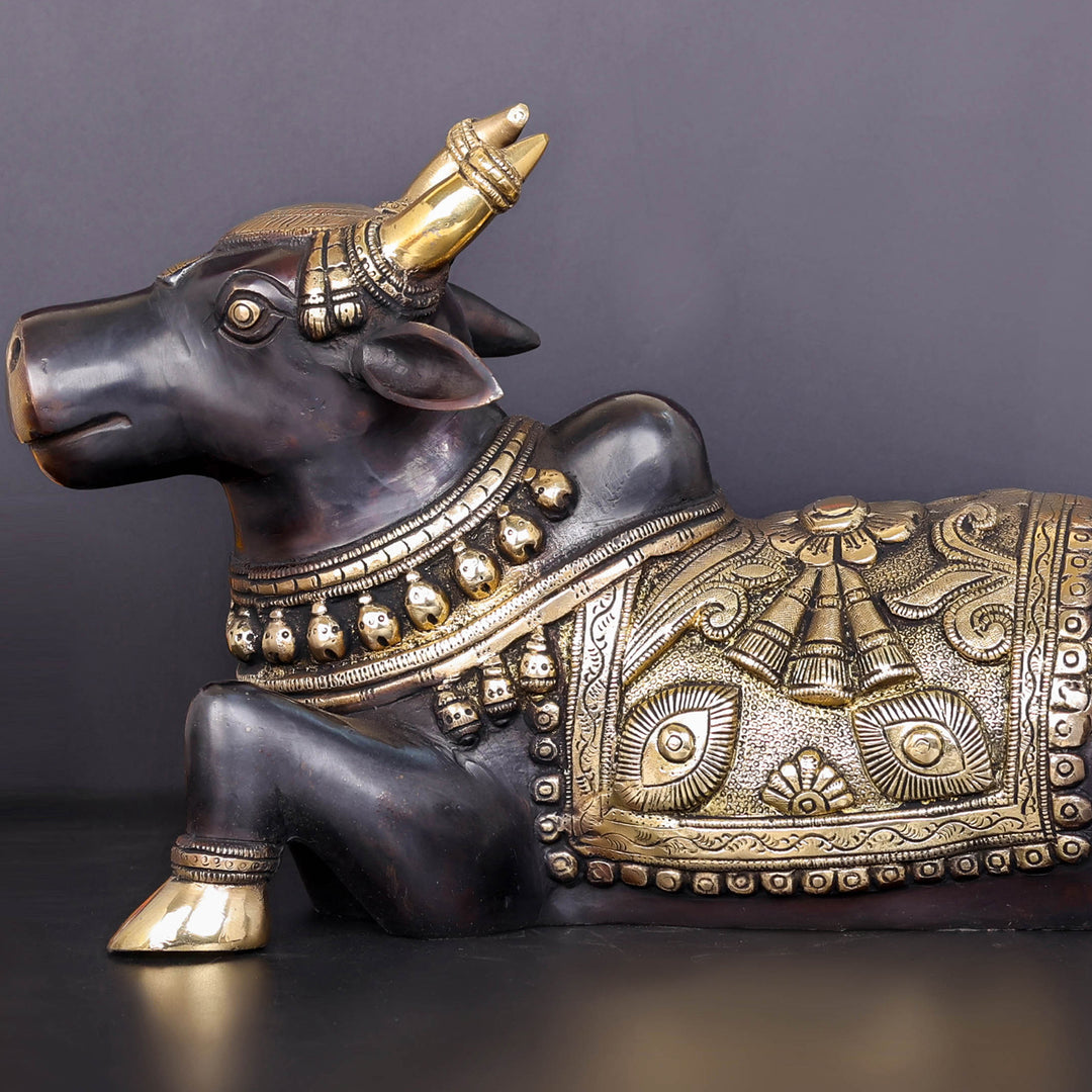 Brass Nandi Statue With Enhanced Carvings Black Patina Finish 15 Inch