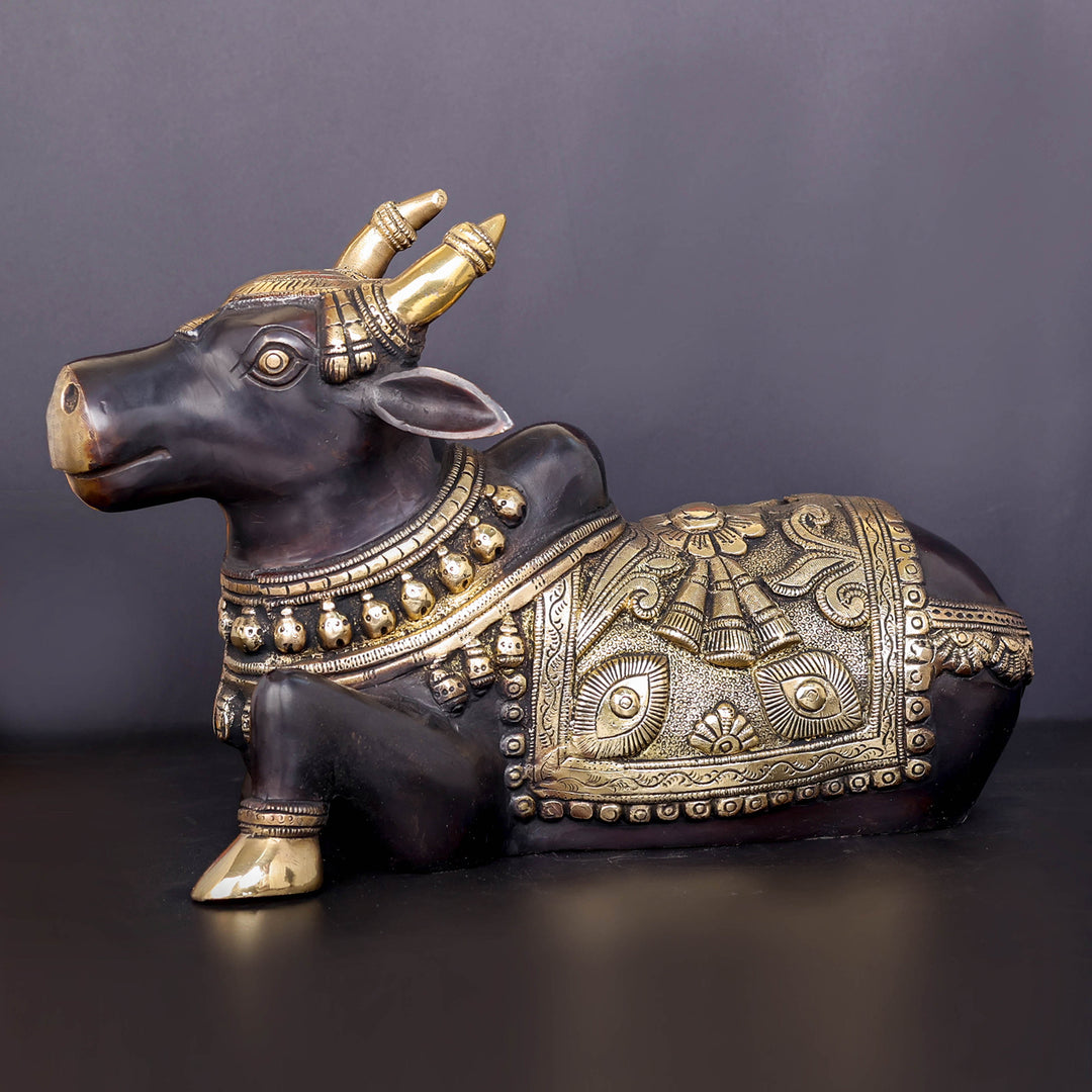 Brass Nandi Statue With Enhanced Carvings Black Patina Finish 15 Inch