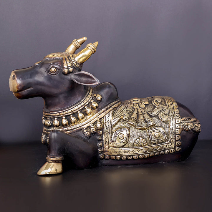 Brass Nandi Statue With Enhanced Carvings Black Patina Finish 15 Inch