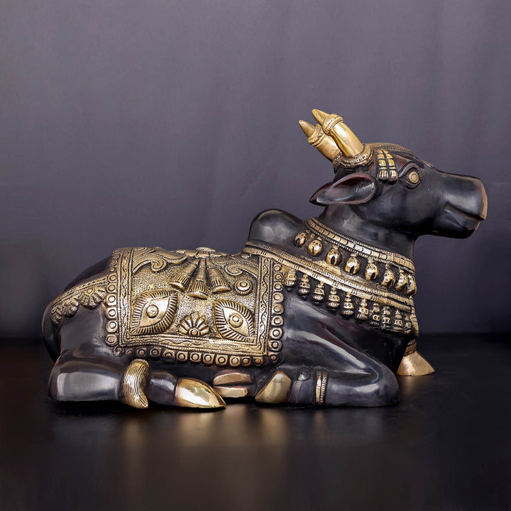 Brass Nandi Statue With Enhanced Carvings Black Patina Finish 15 Inch