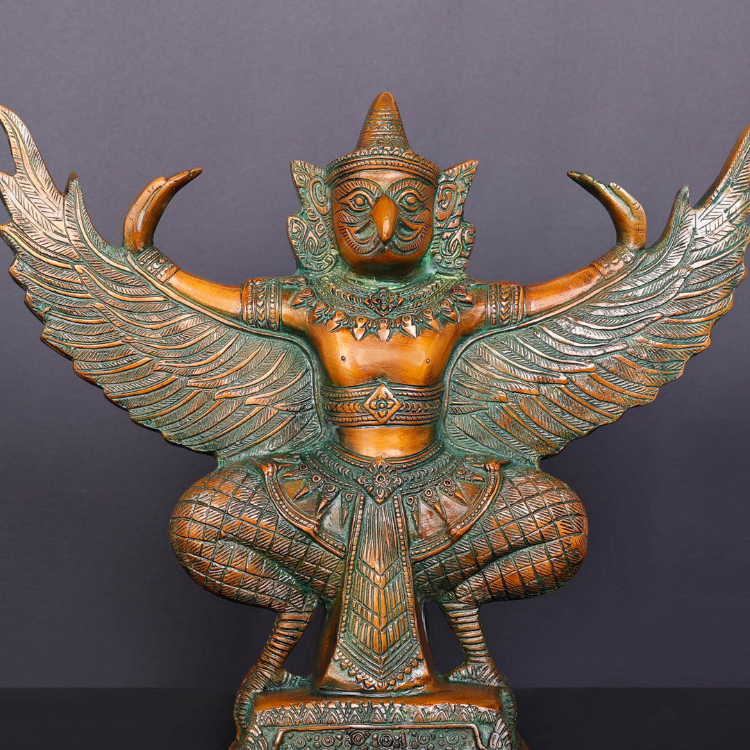 Brass Thai Garuda Idol with Open Wings Vahana of Lord Vishnu Orange Patina Finish 14 Inch
